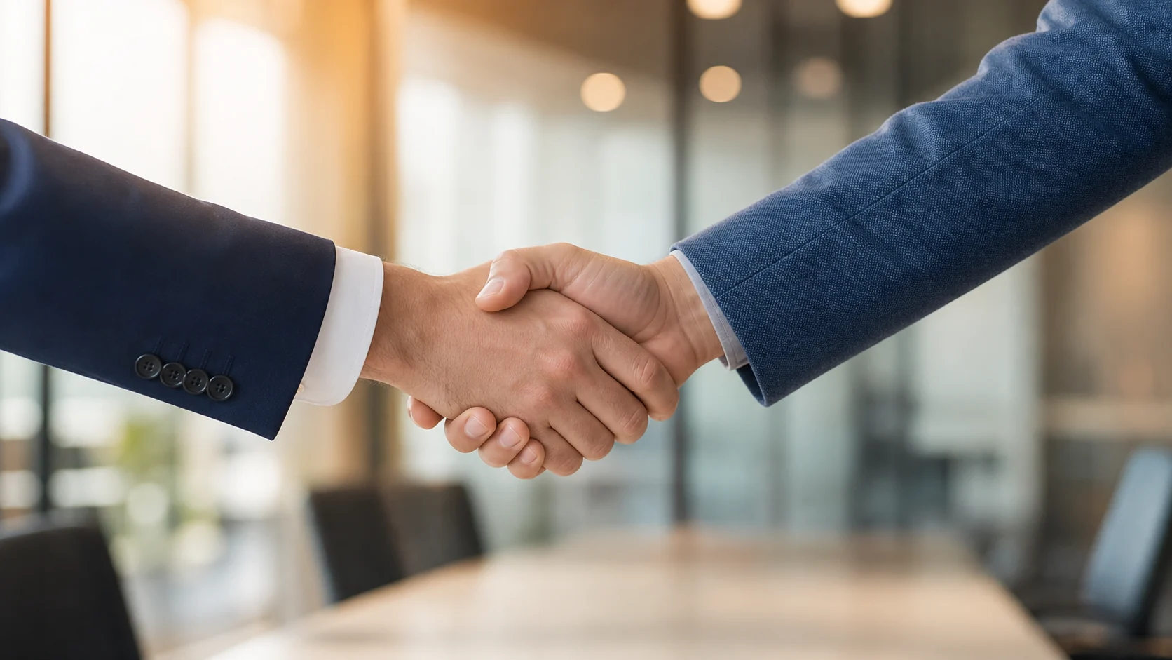 Two business people shaking hands after a meeting display planning conversation